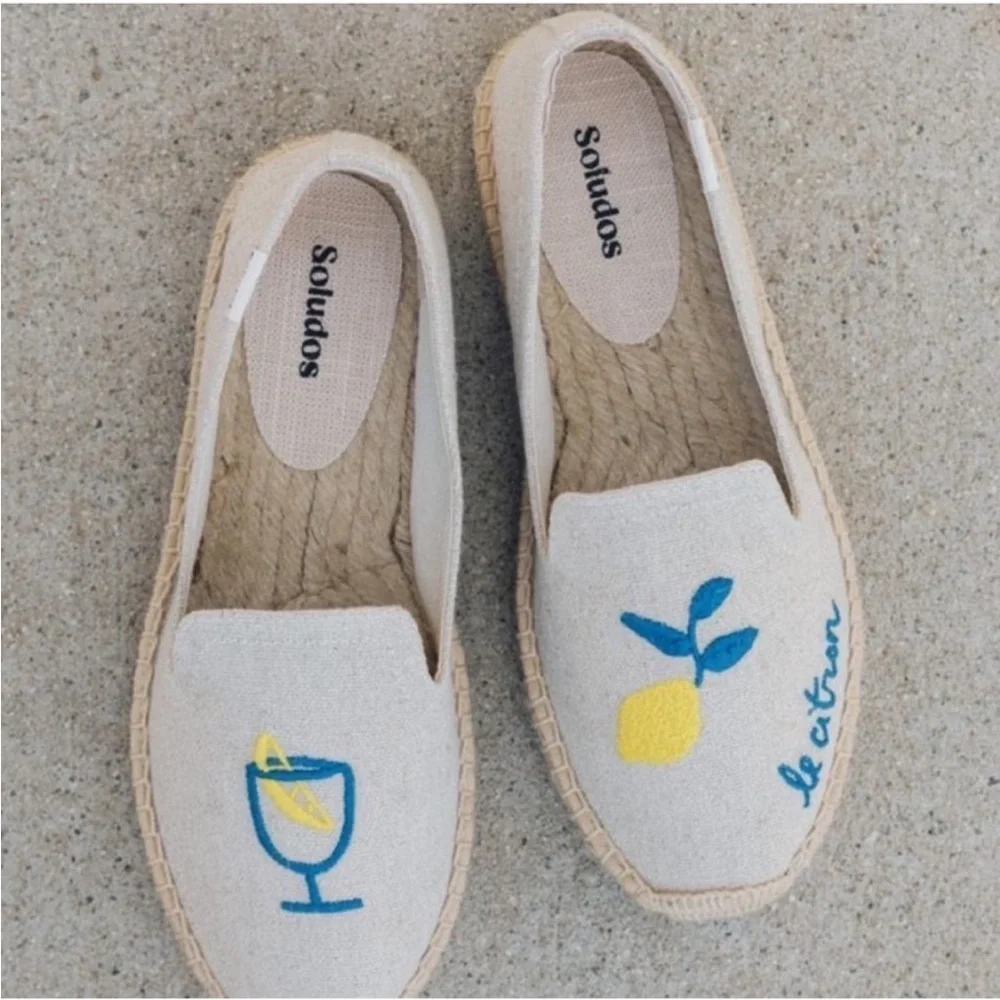 Soludos Limoncello Smoking Espadrille In Sand/Tan “Le Citron” Embroidery SZ 6